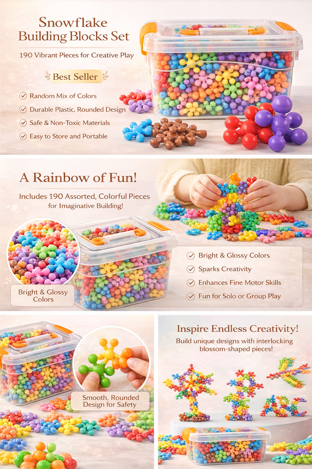 50–190 Piece Rotatable Snowflake Building Blocks – Creative DIY Educational Toy for Children